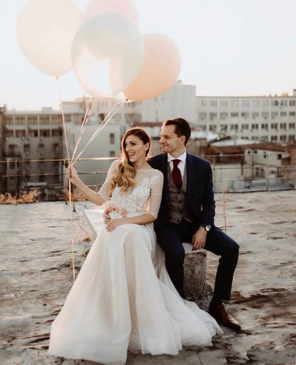 Vestido de Noiva/, винтажное кружевное свадебное платье трапециевидной формы цвета шампанского, эффектное с открытой спинкой и аппликацией, полурукав, бохо, свадебное платье