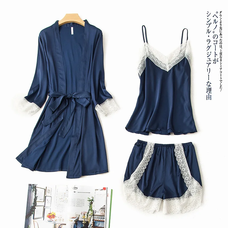 navy blue Для женщин пижамы комплект из 3 предметов атласная пижама с нагрудники Спагетти ремень кружево шелк сна Lounge Ночное - Цвет: navy blue