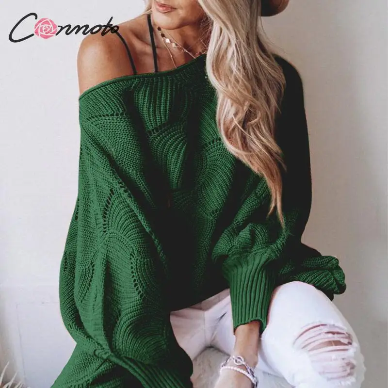 Conmoto Однотонный свитер с рукавом летучая мышь, повседневный зимний джемпер, свободный пуловер с вырезом, большие размеры