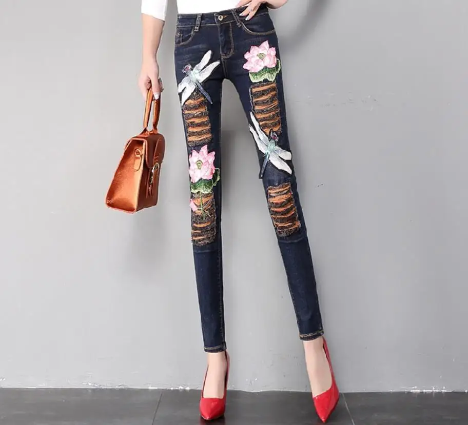 Женские узкие джинсы-карандаш с вышивкой лотоса | Женская одежда