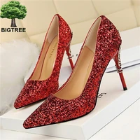 bigtree elegant metal carved heels womens shoes fashion sequined cloth party shoes pointed toe shallow high heels shoes women