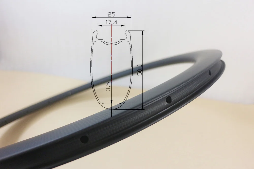

700C Tubeless compatible 50mm height 25mm U shape Road disc carbon bicycle rim no braking surface 3K UD 12K Twill matt bright