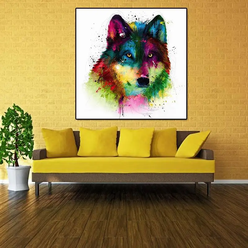 Unframed Modern Abstract Oil Painting Colorful Wolf Head Huge Wall Decor Art On Canvas | Дом и сад