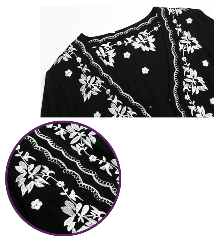 Женское этническое вышитое v-образным вырезом свободное хлопковое длинное