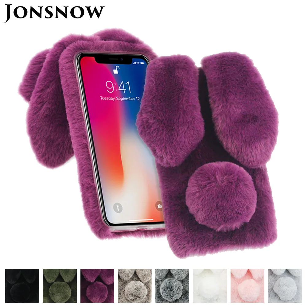 JONSNOW 3D Soft Rabbit Fur Case for iPhone X 7 8 Cute Rhinestone Plush Bunny Cover XS XR 5 5S SE 6S 7P Plus |