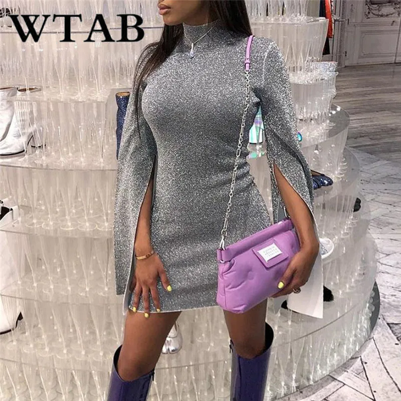 WTAB водолазка повседневное зимнее платье с разрезом женская футболка длинными
