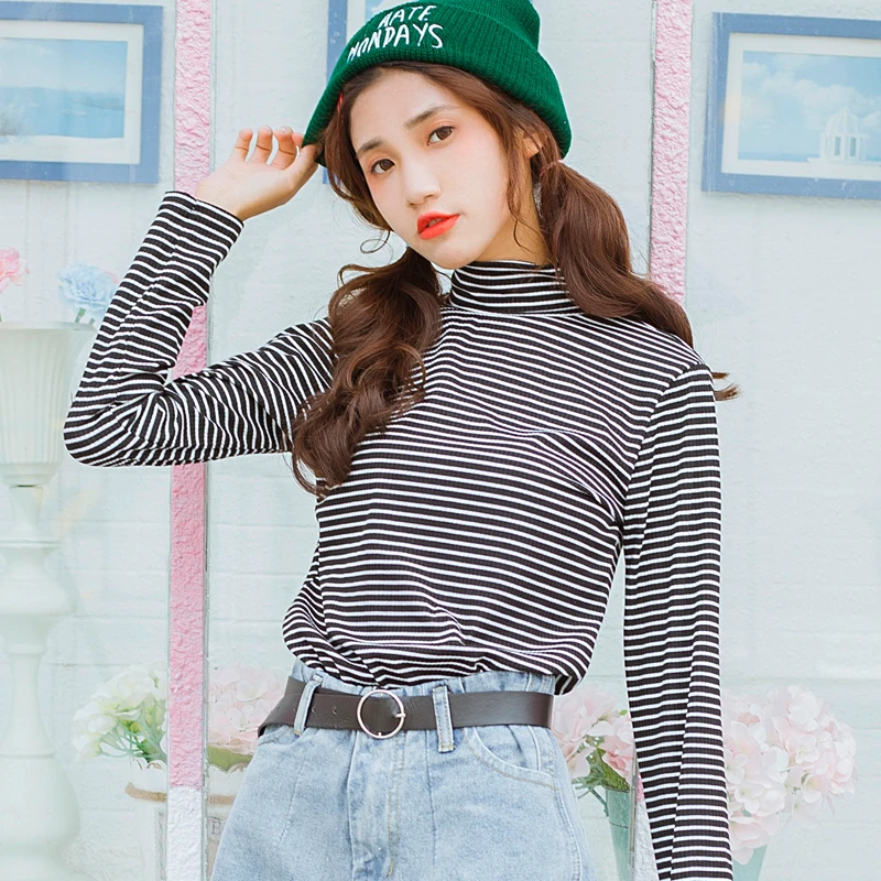 Женский свитер Kawaii Ulzzang черный и белый полосатый с длинным рукавом женский