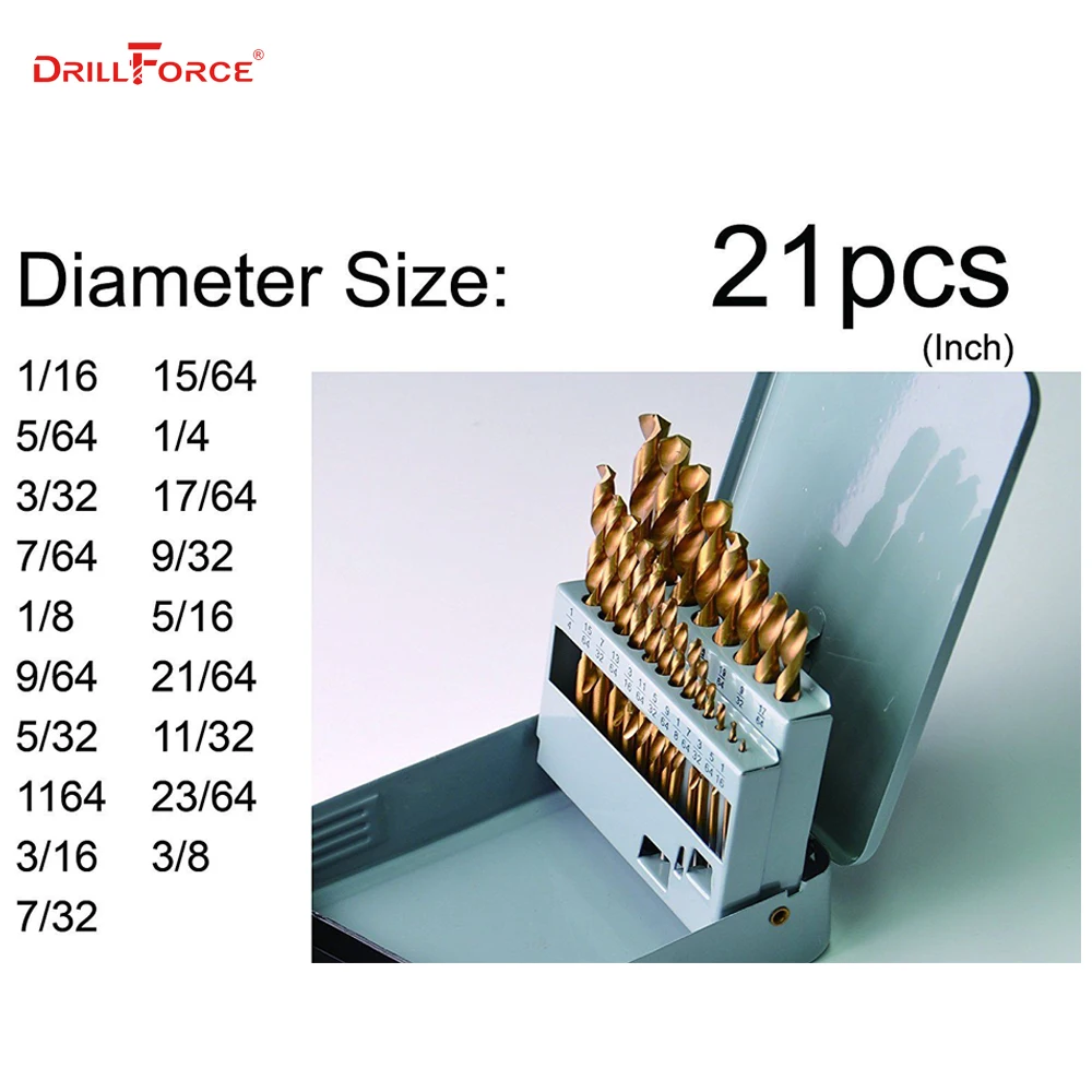 Drillforce 21 шт. 1/16 &quot 3/8&quot HSS Twist с титановым покрытием ручное сверло