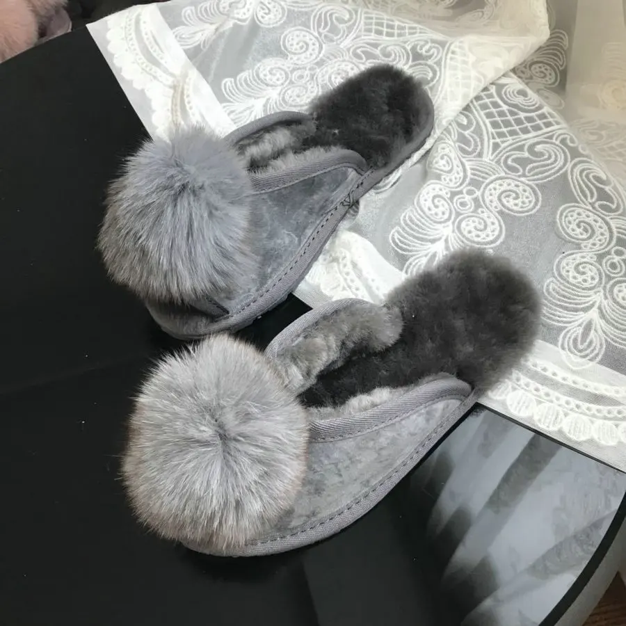Г., шлёпанцы из овчины с помпонами из лисьего меха натуральная шерсть теплые шлёпанцы женская домашняя обувь на плоской подошве