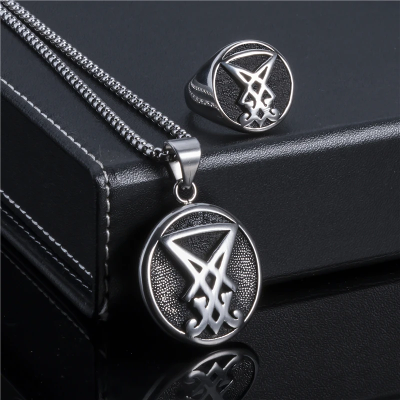 Elfasio комплект ювелирных изделий Кольцо Penadnt комплект sigil of Lucifer уплотнение сатаны дьявола символ Нержавеющая сталь Цепочки и ожерелья цепи Винтаж Мода