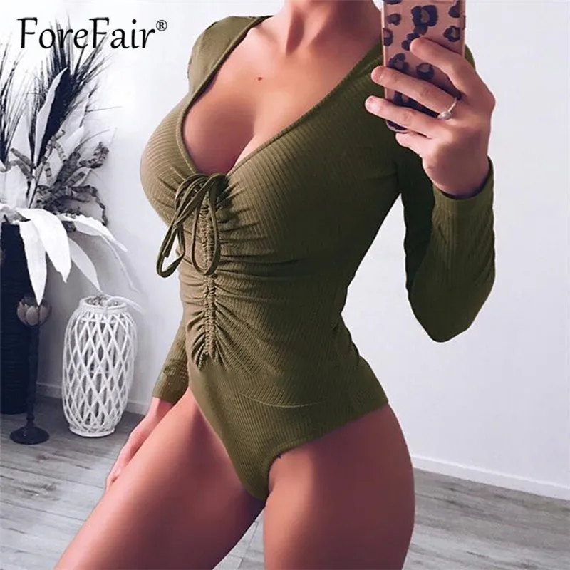 

Облегающий Черный боди Forefair, осенне-зимние комбинезоны, женские комбинезоны с длинным рукавом, V-образным вырезом, обтягивающие боди со шнур...