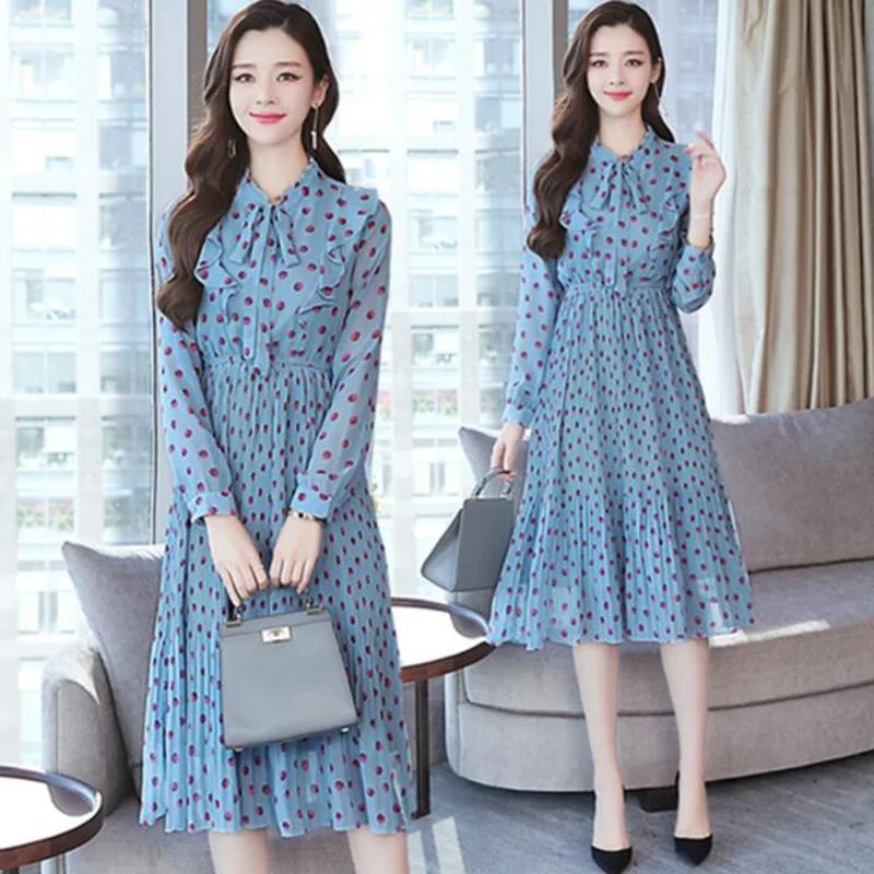 Chiffon Dress 2019 Spring New Arrival Sweet Woman Floral Vintage Female Casual Long Sleeve Bow Printed Dresses | Женская одежда
