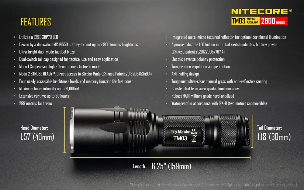NITECORE TM03 CRI теплый светильник 4CREE XHP70 светодиодный тактический светильник 2800 люмен с TM03 18650 для охоты и рыбалки