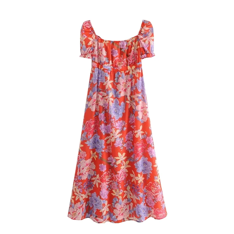 Vintage Chic Floral Print Buttons Maxi Dress Women Fashion Square Collar Short Sleeve Pleated Dresses Casual Vestidos Mujer