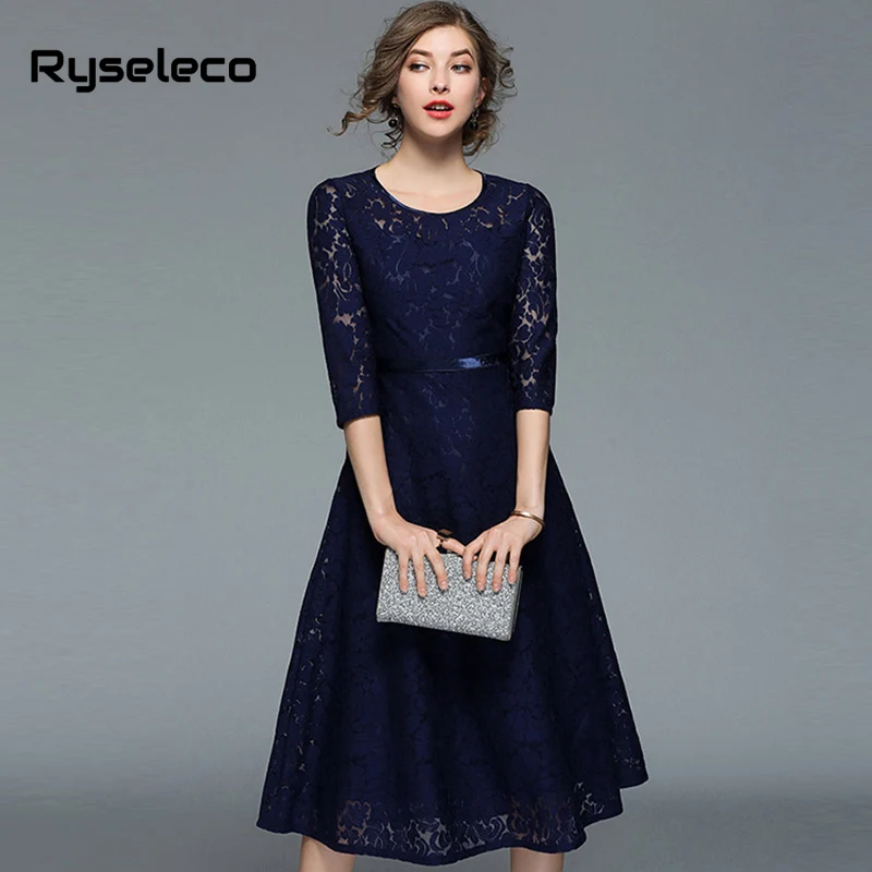 Ryseleco 2018 осеннее модное женское кружевное платье колокол с цветочным рисунком