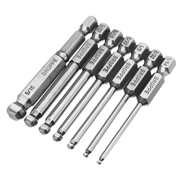 Broppe 7 шт. SAE 5/64-5/16 дюймов 65 мм магнитный шаровой наконечник отвертки биты 1/4 дюймов шестигранный хвостовик S2 стальной электрический отвертка Набор бит