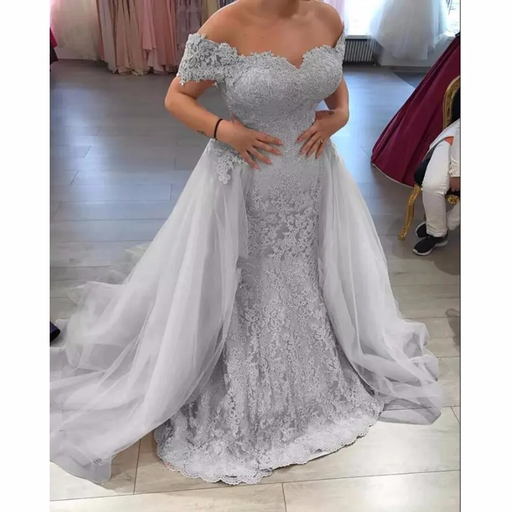 Серебряный арабское вечернее платье с короткий рукав открытыми плечами Overskirt