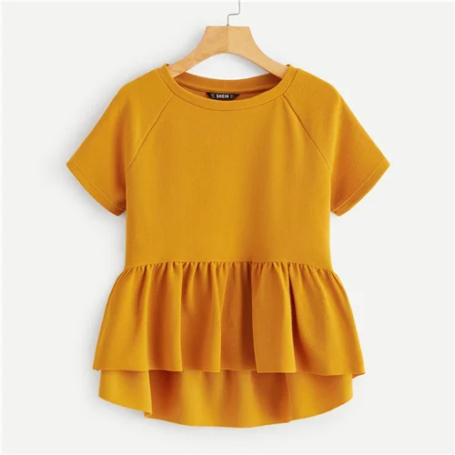 Ginger Dotfashion, Имбирная летняя блузка, женская, Dip Hem, реглан, рукав, баска, топ, короткий рукав, блузки для женщин,, одноцветные, милые, женские топы - Цвет: Ginger