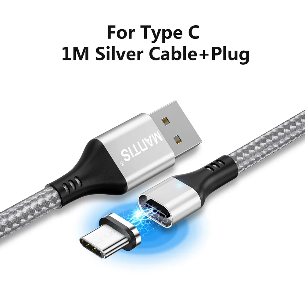 Silver for Type C Магнитный зарядный Micro USB кабель MANTIS для iPhone samsung 3 в 1, кабель type C, 3 А, кабель для быстрой зарядки и передачи данных, магнитный шнур, зарядное устройство - Цвет: Silver for Type C