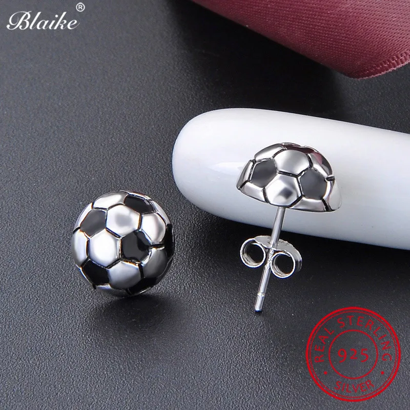 Blaike Настоящее серебро 925 пробы футбольные серьги гвоздики для женщин и мужчин