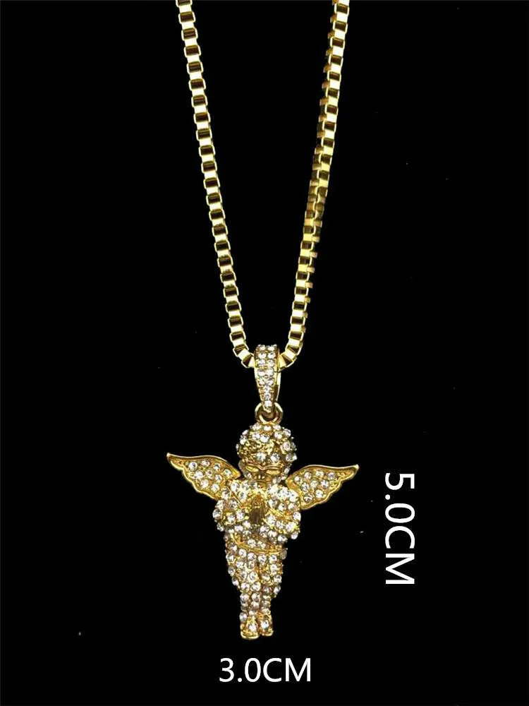 Золотой тон Iced Out Цепочки и ожерелья набор микро Ангел Кулон молитве руки