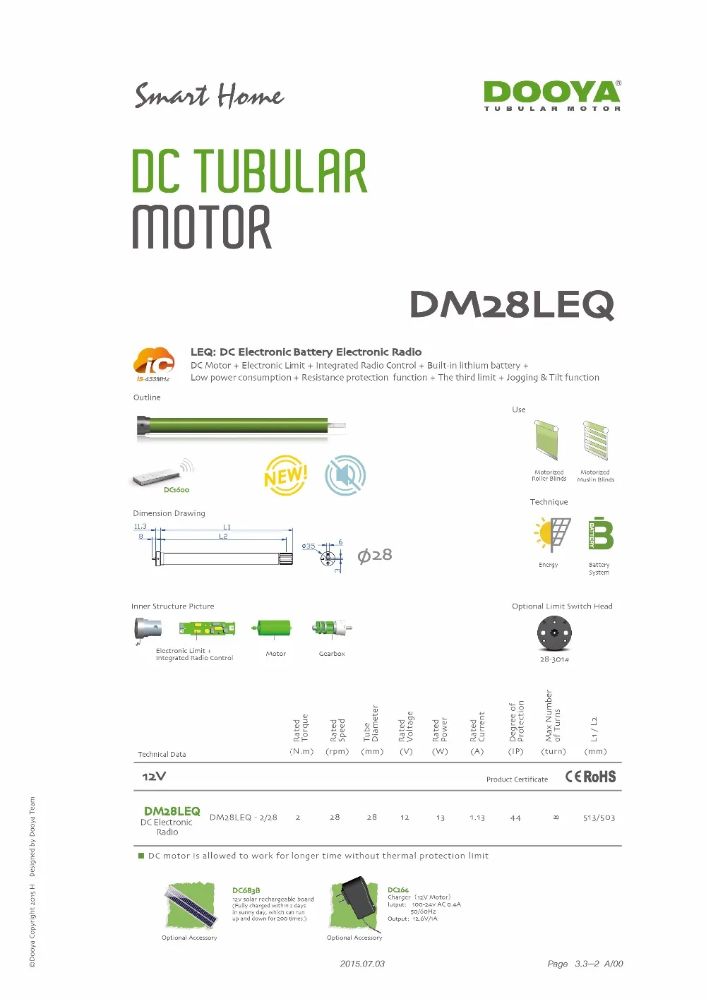 Dooya трубчатый двигатель DM28LEQ 2N/28 с одним каналом/15 каналом 38 мм литиевый