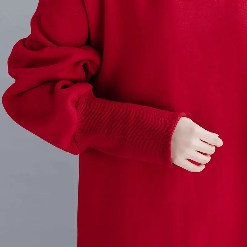 Oladivi Plus Size Women Velvet Hoodies& Sweatshirt Ladies Turtleneck Warm Coat Female Winter Long Top Tunic Vestidios Red Black