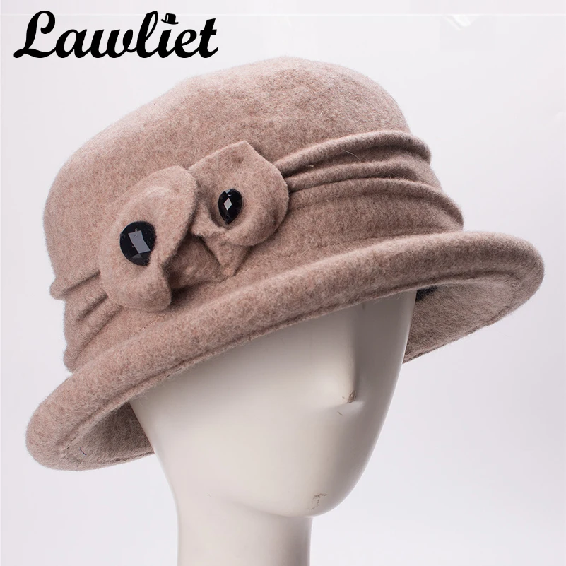 

Lawliet Winter Fedoras Wool Facinator Hats Chapeau Femme Soft Wide Brim Women Ladies Cloche Hats Wedding Church Derby Hat A475