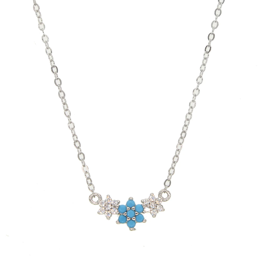 New arrival fashion jewelry shiny blue stone flower with cz crystal blossom choker necklace silver sterling statement chain