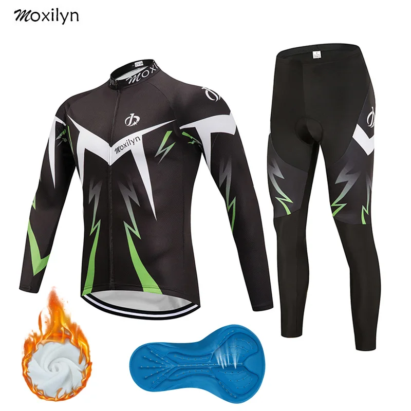 with fleece set 2 Moxilyn, набор Джерси для велоспорта, Зимняя Теплая Флисовая одежда MTB, одежда для велоспорта, одежда для Майо Ropa Ciclismo, Мужской зеленый комплект для велоспорта - Цвет: with fleece set 2