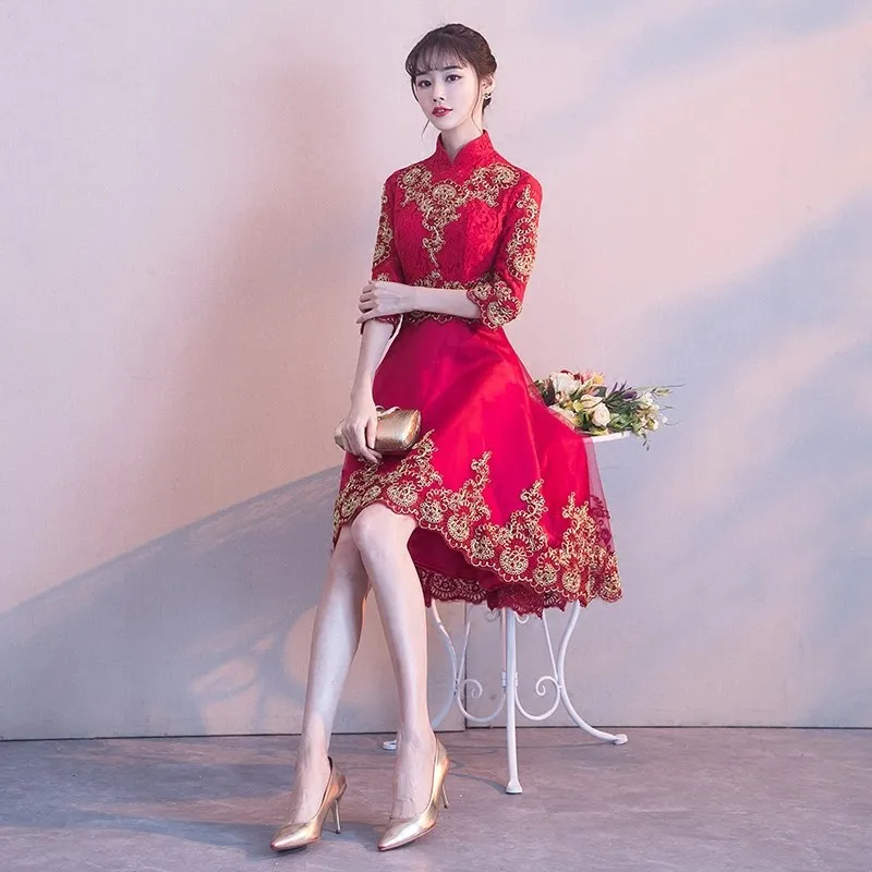 Красное китайское платье Qipao вечерние платья невесты Cheongsam новое вечернее