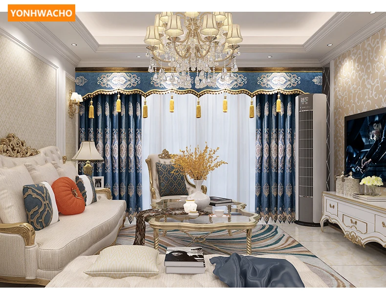 Шторы на заказ с вышивкой в европейском стиле высококачественные синие плотные