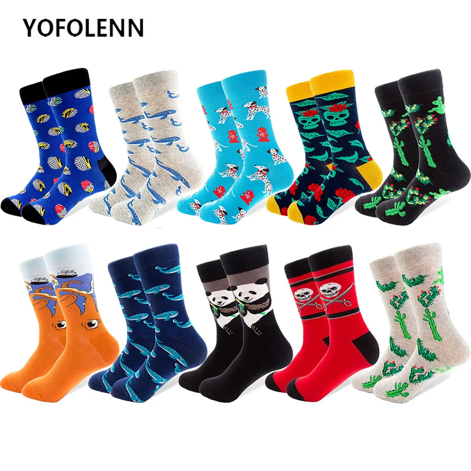 10 Pairs/lot Colorful Combed Cotton Socks Men's Long Tube Funny Shark Skull Panda Pattern High Quality Crazy Casual | Мужская одежда