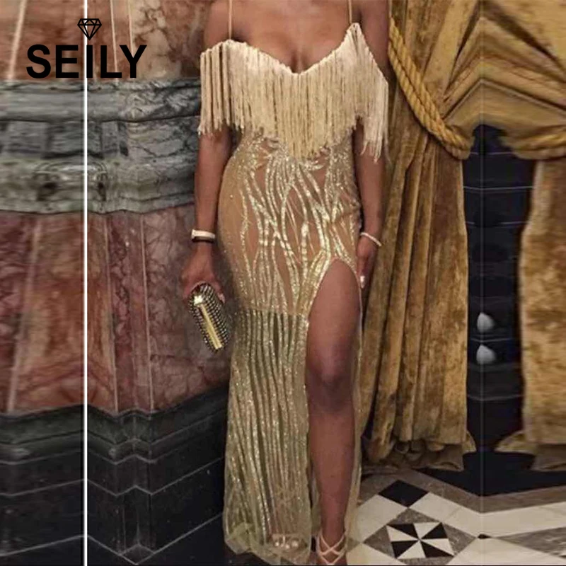 

Seily Sexy Shoulder Spaghetti Strap Tassel Women Club Wear Dress Glitter Sequin Gold High Split Long Open Back Mesh Party Dress