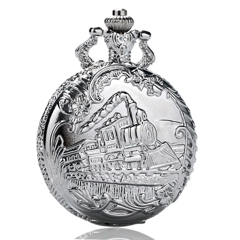 

Retro Silver Pocket Watch Train with Flower Relogio De Bolso Quartz Watch with Necklace Chain Vintage Pendant Men Women P456