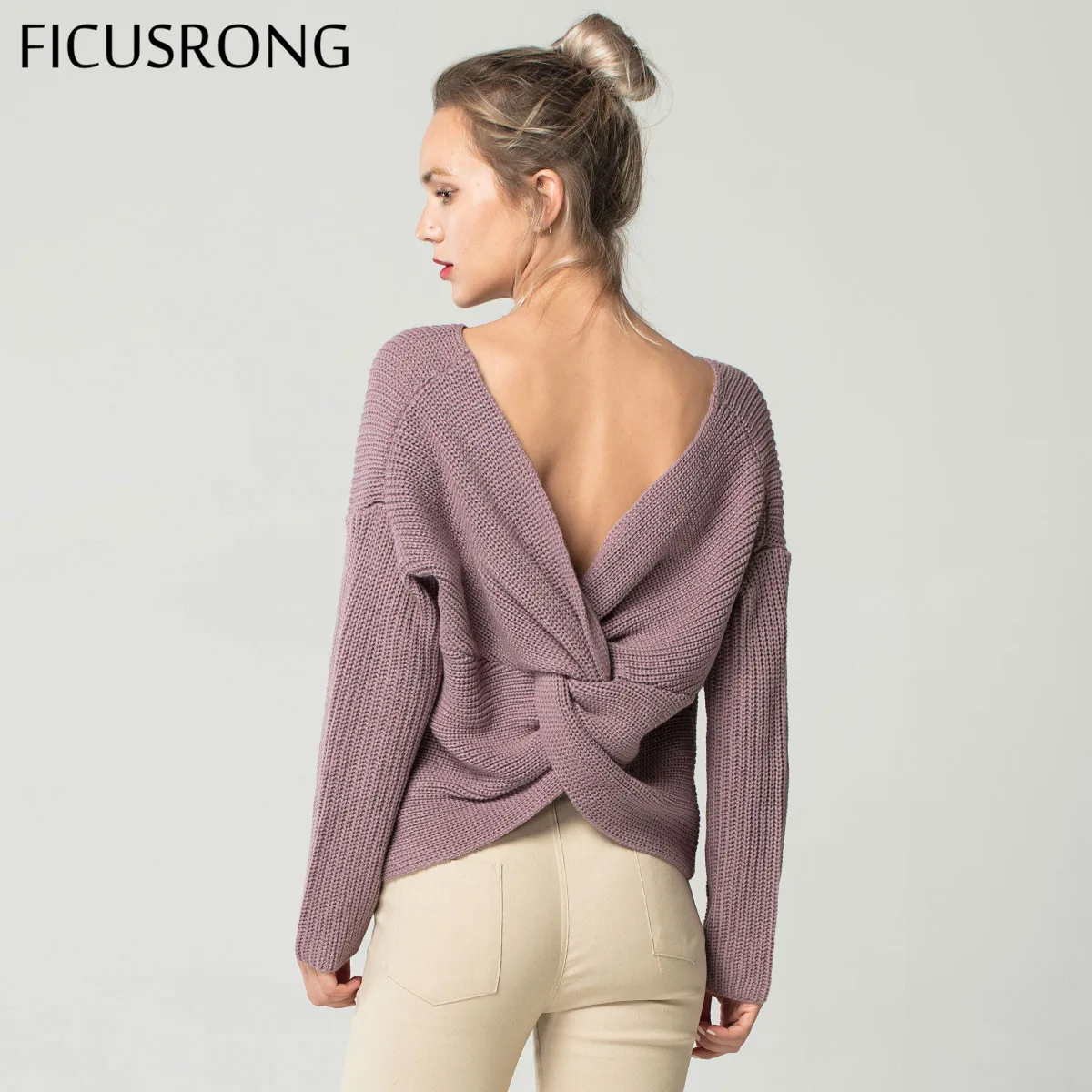 2019 V Neck Twisted Back Sweater Women Jumpers Autumn Pullovers Casual Tops Long Sleeve Knitted Sweaters pull femme FICUSRONG | Женская