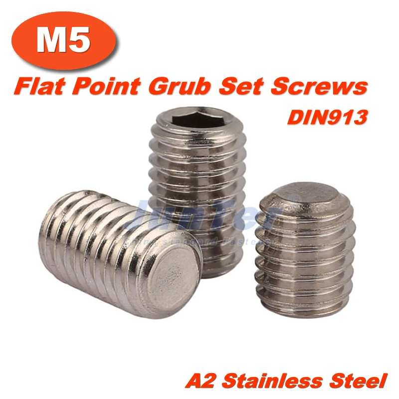 100pcs/lot M5(5mm) A2 Stainless Steel Flat Point Grub Hex Socket Set Screws DIN913