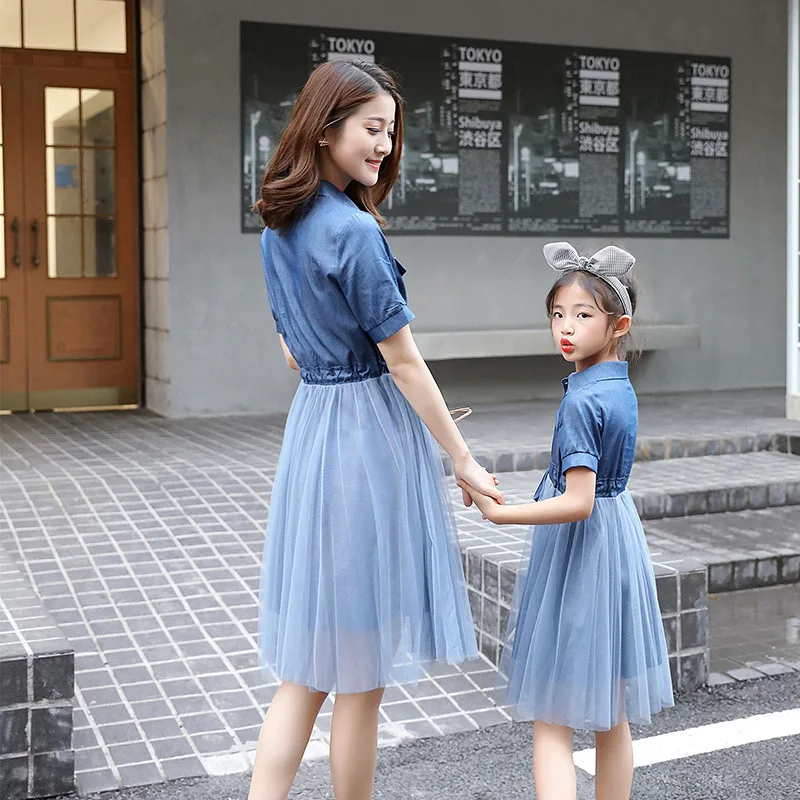 Одежда WLG для всей семьи платья мамы и дочки джинсовое синее Сетчатое лоскутное