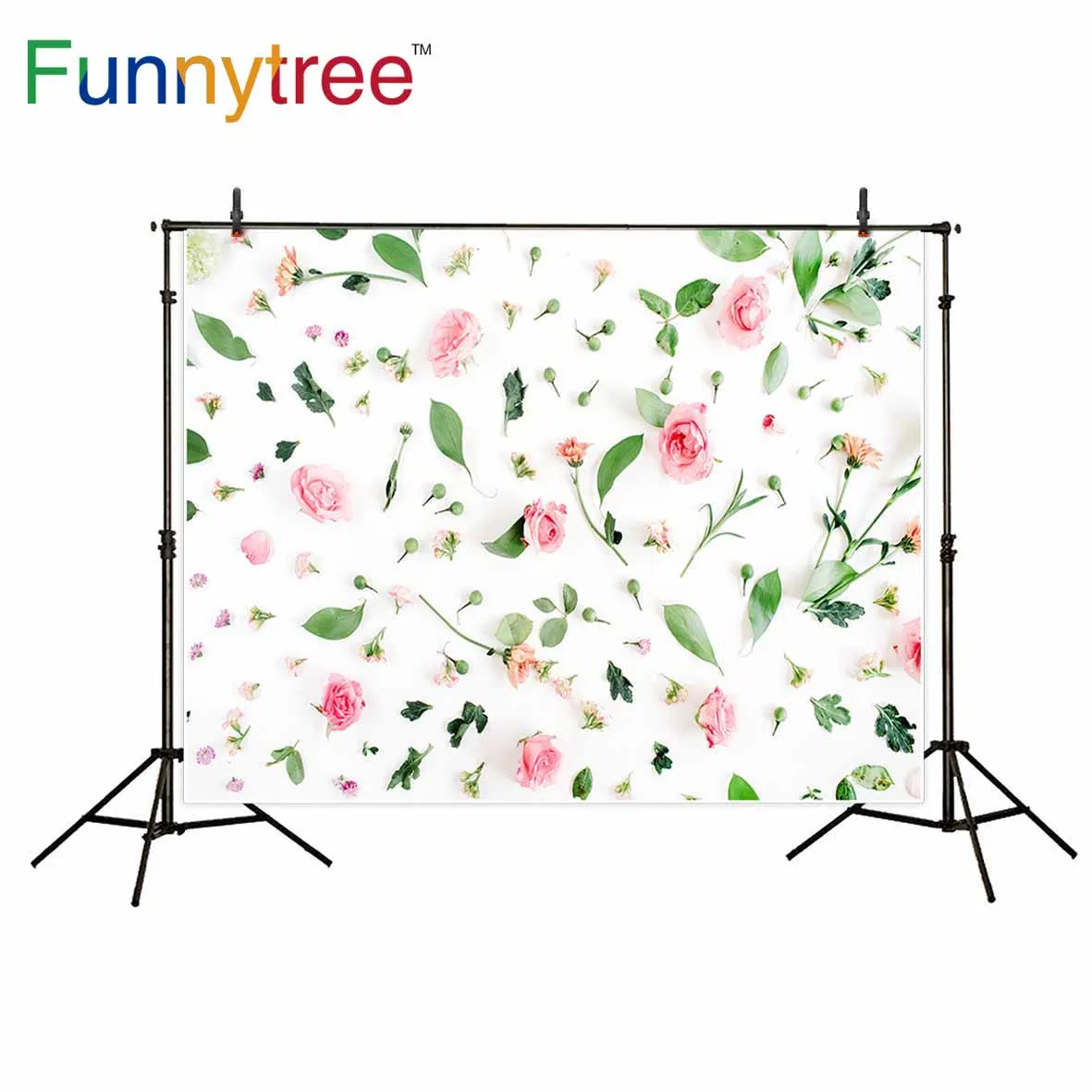 Фотофон Funnytree белый фон с розовыми свежими цветами и зелеными листьями милый для
