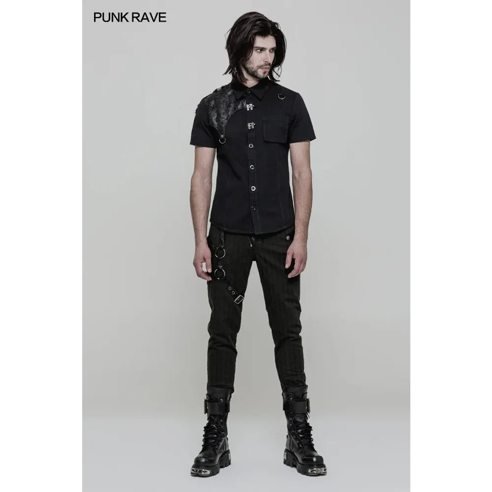 Панк рейв рок искусственная кожа Винтаж Черный короткий рукав джинсовые рубашки топ мужская одежда WY872