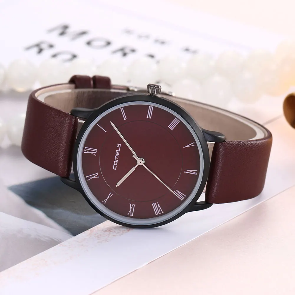 Модные женские кварцевые наручные часы с римскими цифрами из натуральной кожи