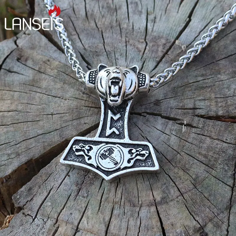 lanseis 1pcs dropshipping norse bear Thor Hammer pendant viking Norway Double Headed wolf necklace men pendant Amulets jewelry