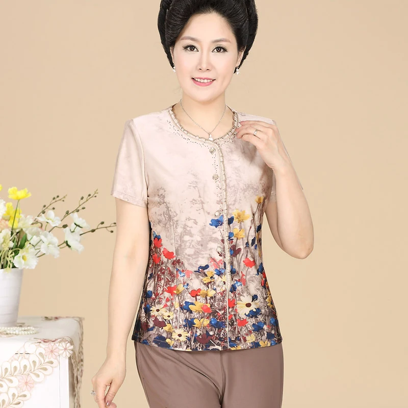  2pcs/set Summer Style Middle Age Women O-neck Short Sleeve T shirt Tops + Pants Plus Size Mother Clothing Cheap Suit | Женская одежда