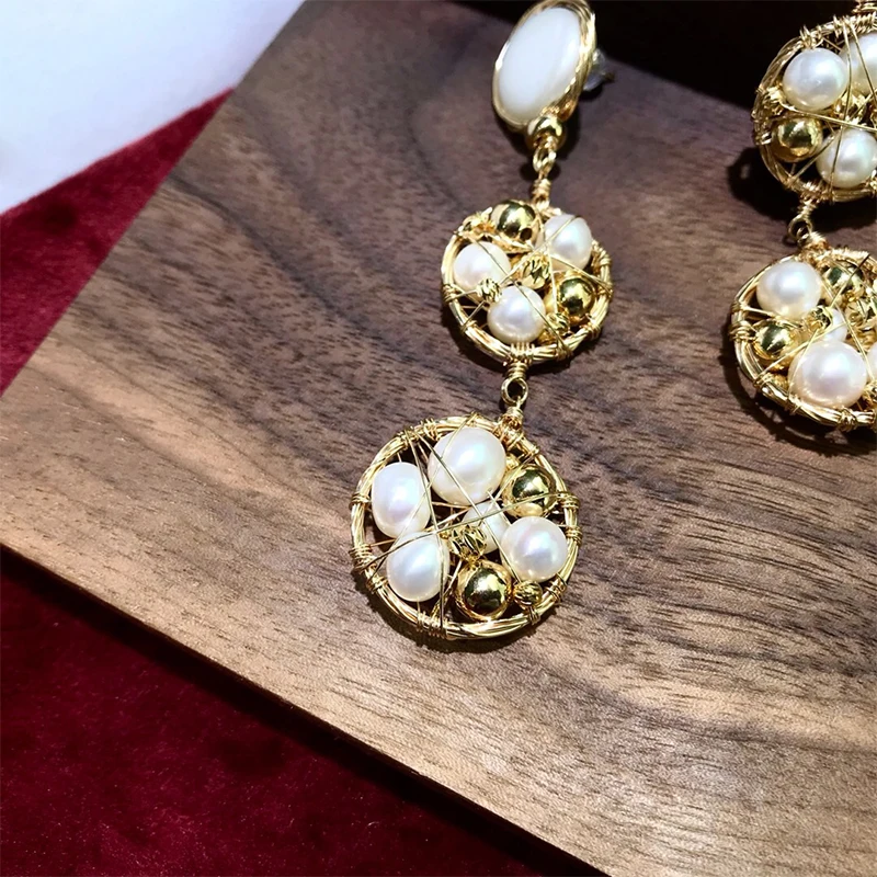 

ANI 14K Roll Gold Women Drop Earring Natural Freshwater White Pearl Gold Earring Dangle oorbellen Handmade Jewelry Baroque Shape