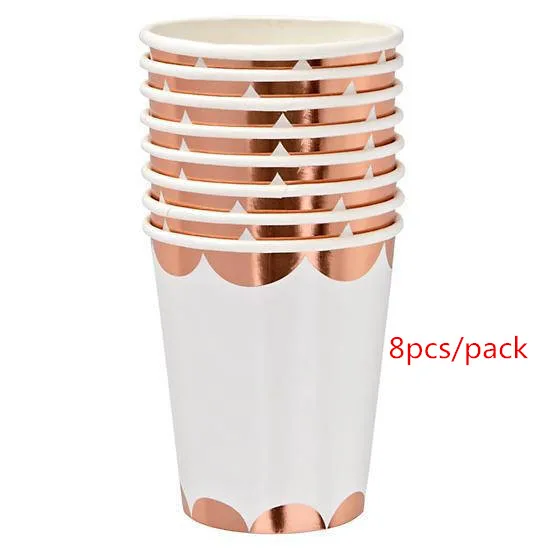 8pcs paper cup Розовое золото одноразовые наборы посуды полосатая твердая соломенная бумага чашки поднос тарелка детский душ свадьба день рождения Декор поставки - Цвет: 8pcs paper cup