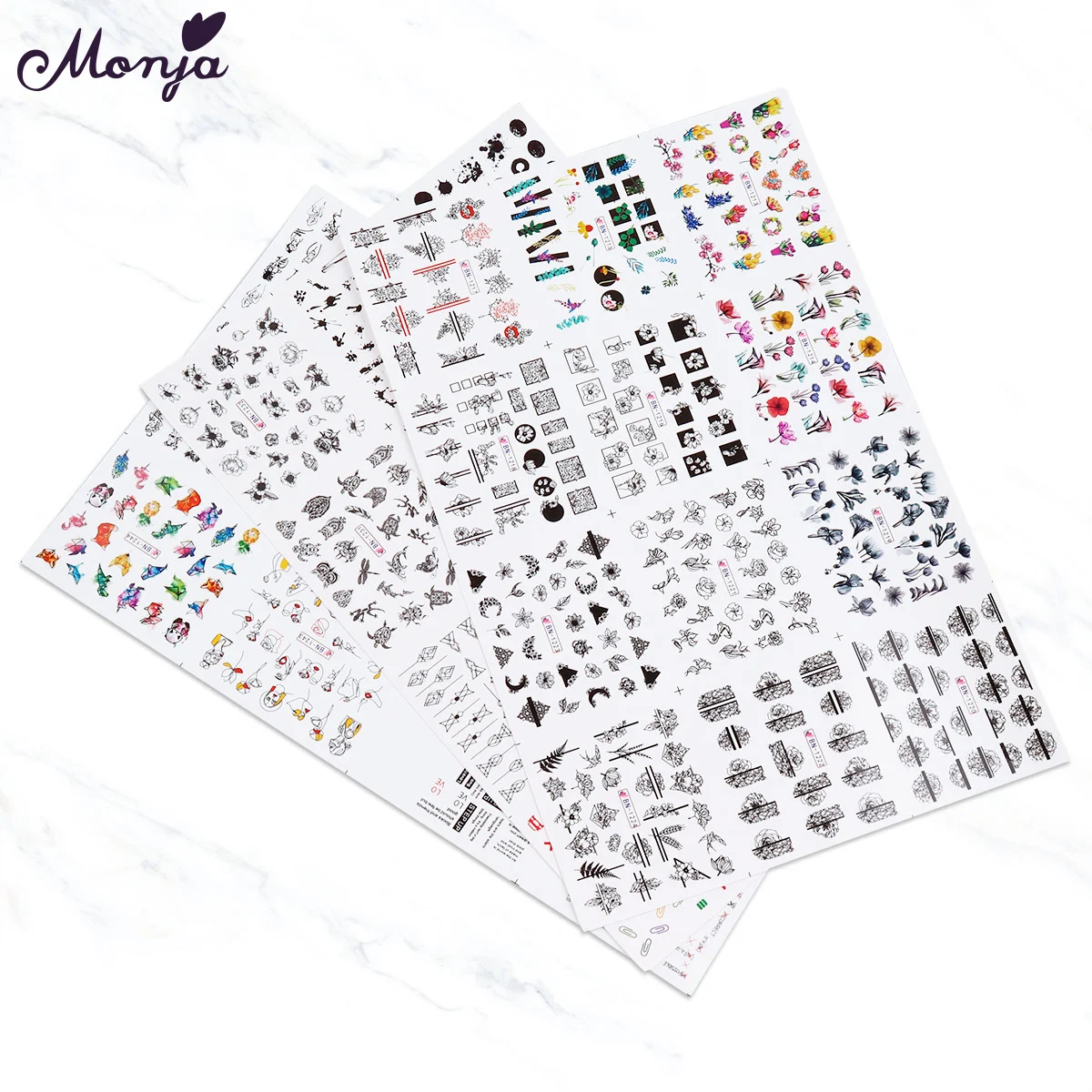 Monja 3 листа/набор переводные наклейки для ногтей Водные Наклейки животные цветы