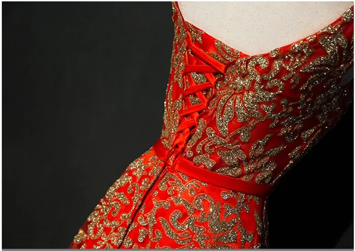 Red Lace Up Золотое длинное блестящее вечернее платье с красным бантом, вечерние платья без рукавов на шнуровке, платья для выпускного вечера, Robe De Soiree - Цвет: Red Lace Up