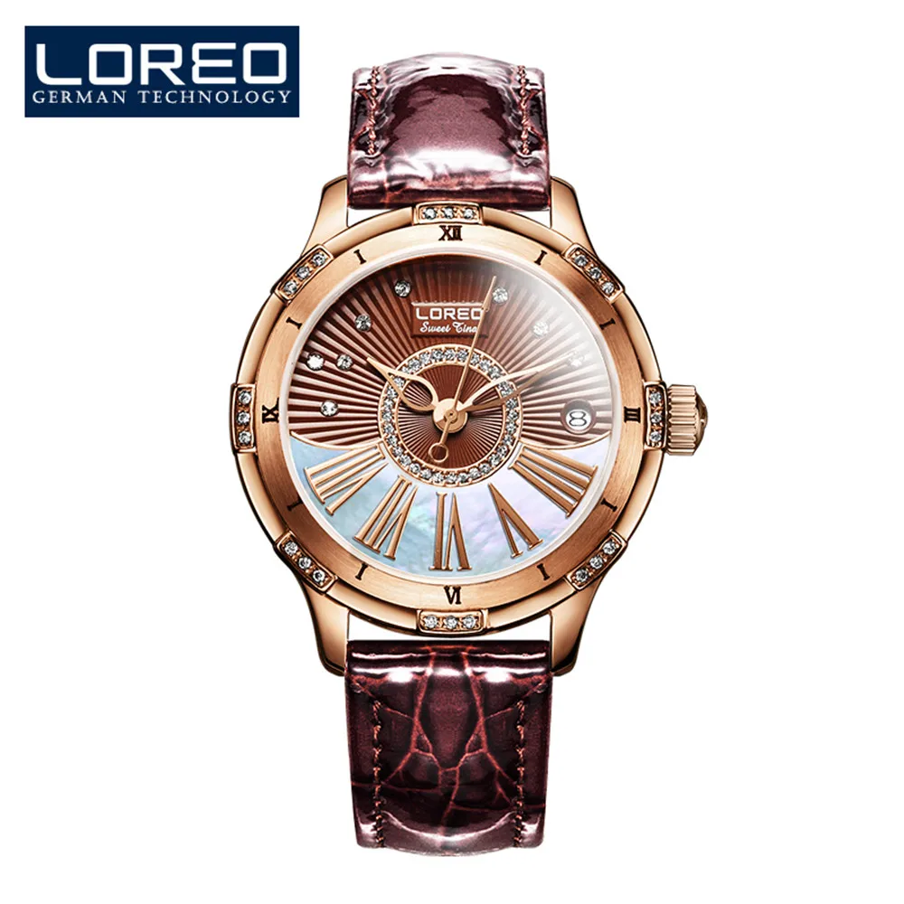 LOREO Women Mechanical Watch Diamond Design Top Brand Luxury Leather Wristwatch Waterproof Female Automatic Clock Montre Femme
