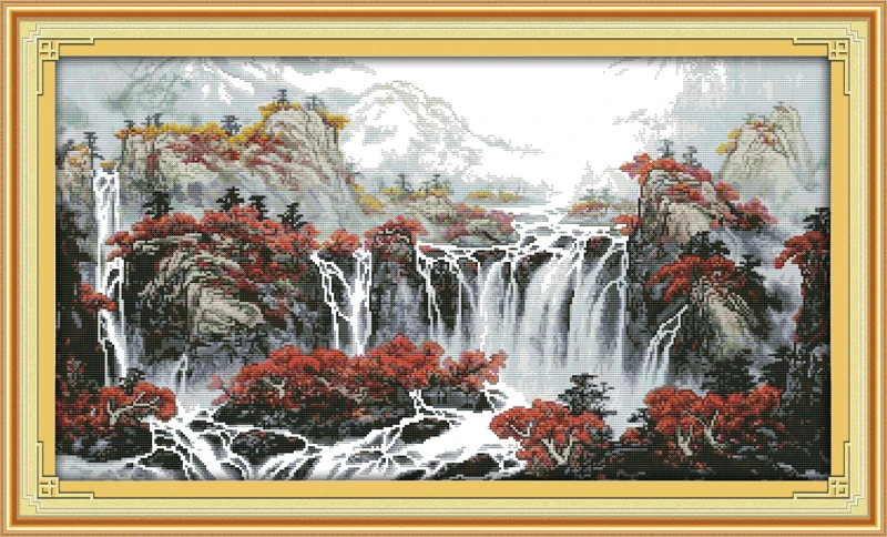 Осенняя Гора с фонтанами Набор для вышивки крестиком lanscape garden 14ct 11ct печать холста