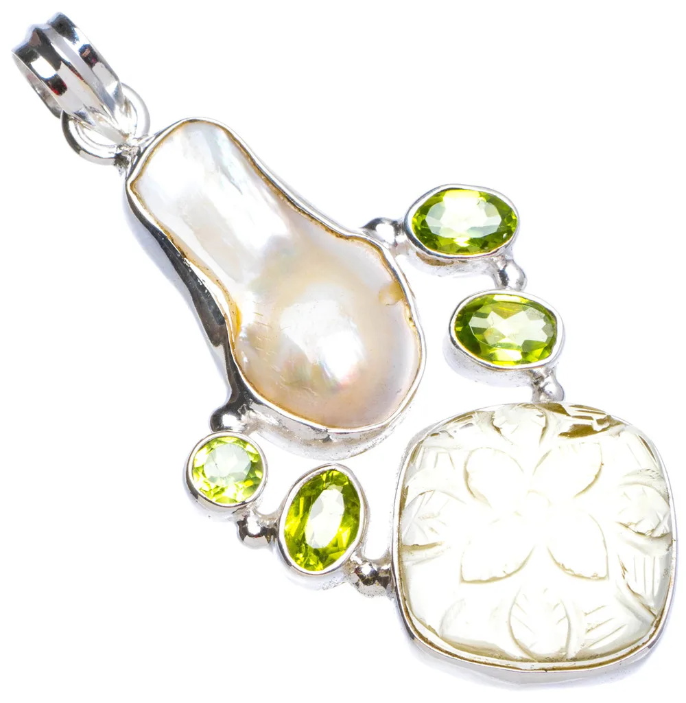 Natural Carved Green Amethyst Biwa Pearl and Peridot Handmade Unique 925 Sterling Silver Pendant 2&quot X0022 | Украшения и